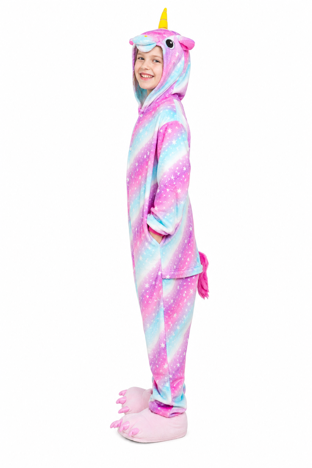 Kids' Hooded Pink and Blue Galaxy Star Unicorn Plush Kigurumi Onesie