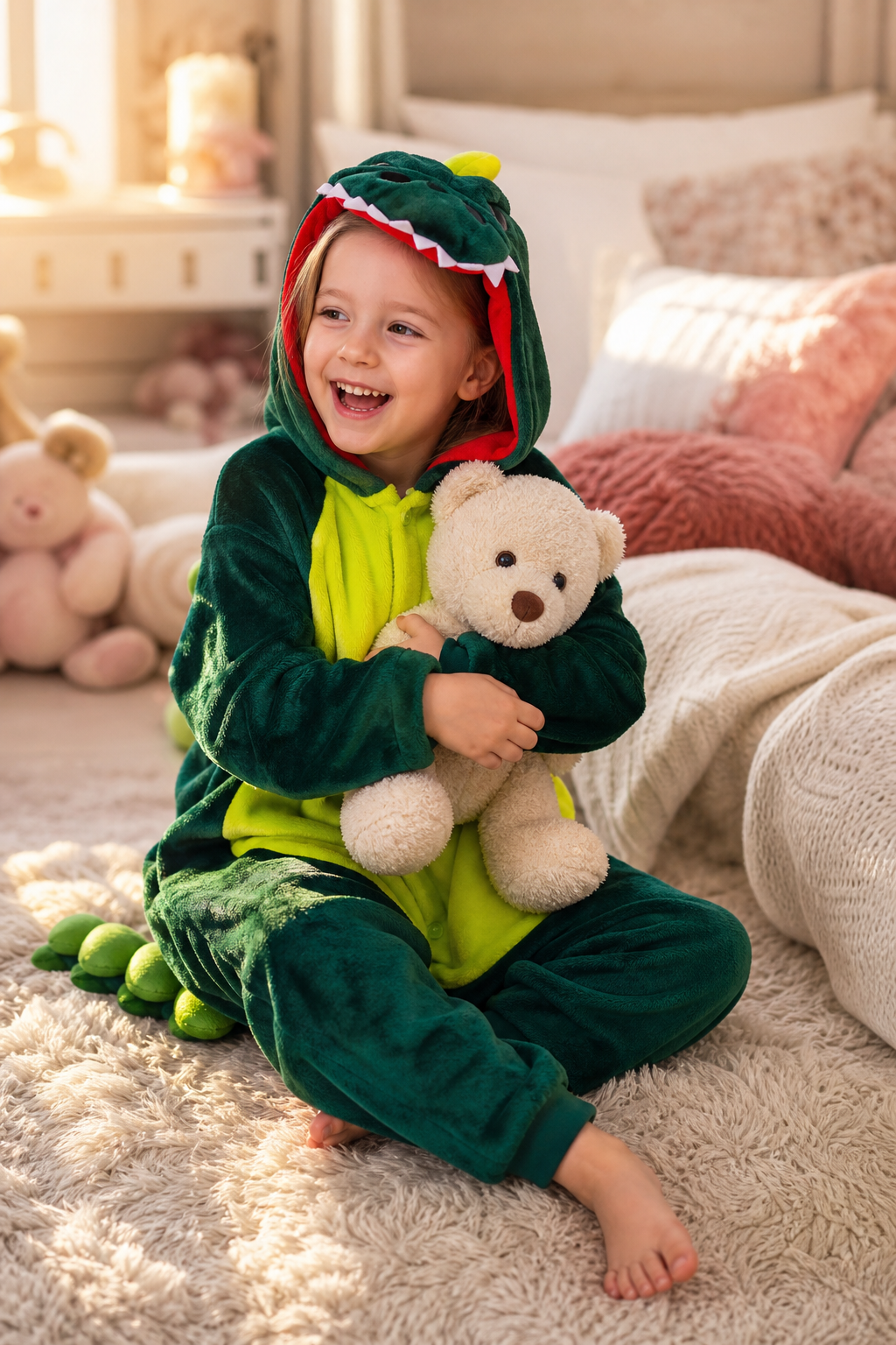 Kids' Hooded Dark Green & Yellow Dinosaur Kigurumi Pajama Onesie