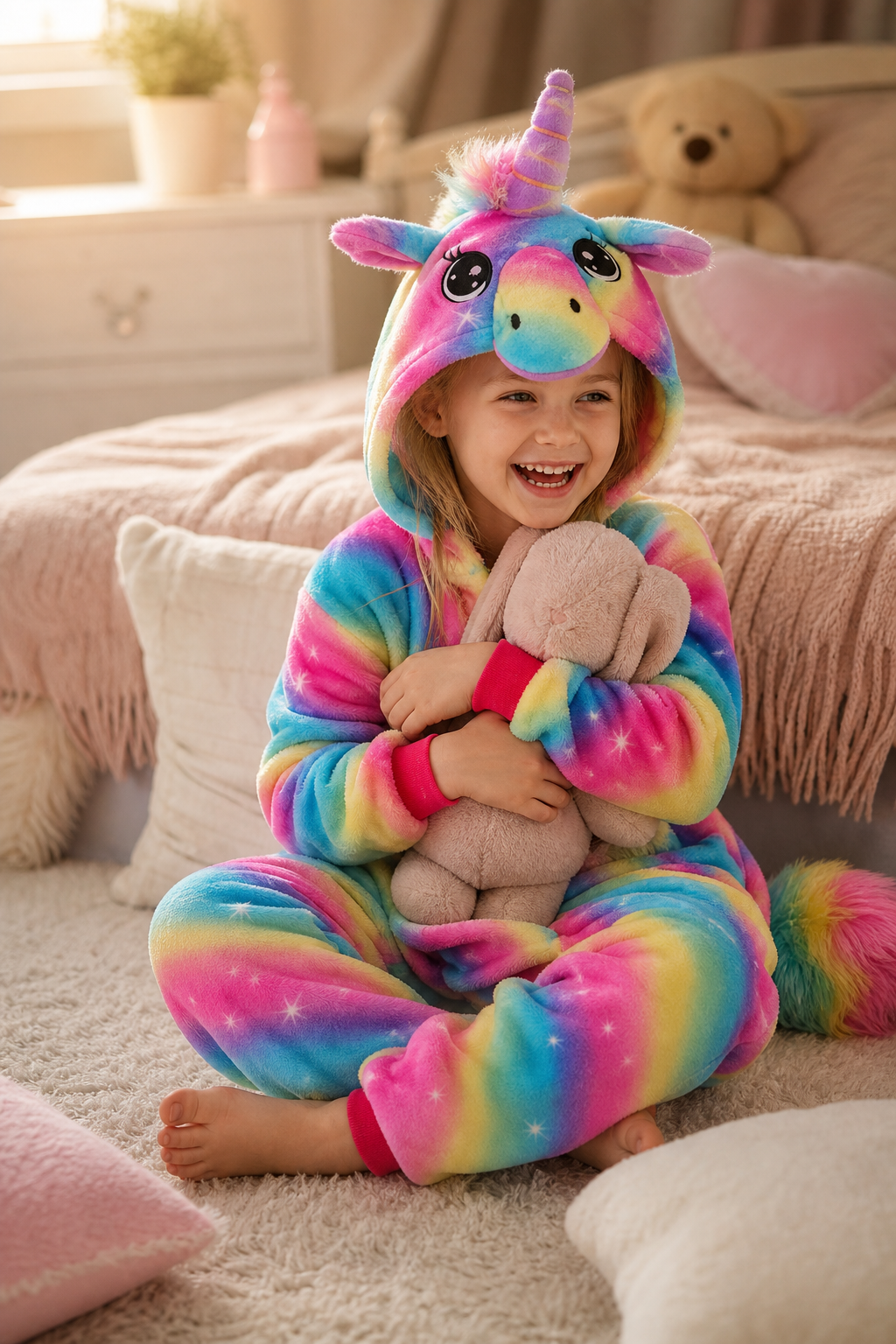 Kids' Hooded Bright Rainbow Stripe Unicorn Kigurumi Pajama Onesie
