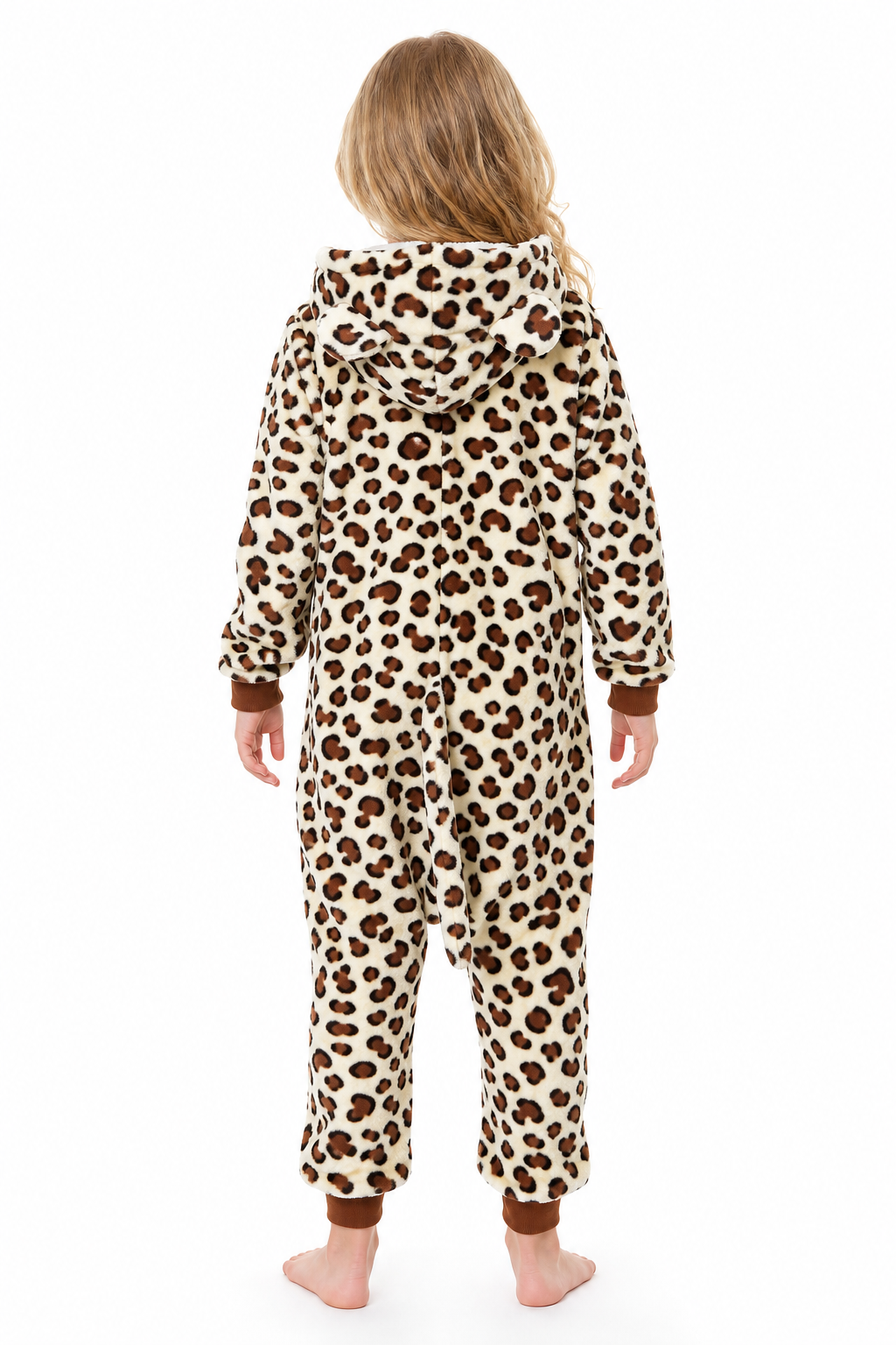 Kids' Hooded Tan Leopard Print Plush Kigurumi Onesie