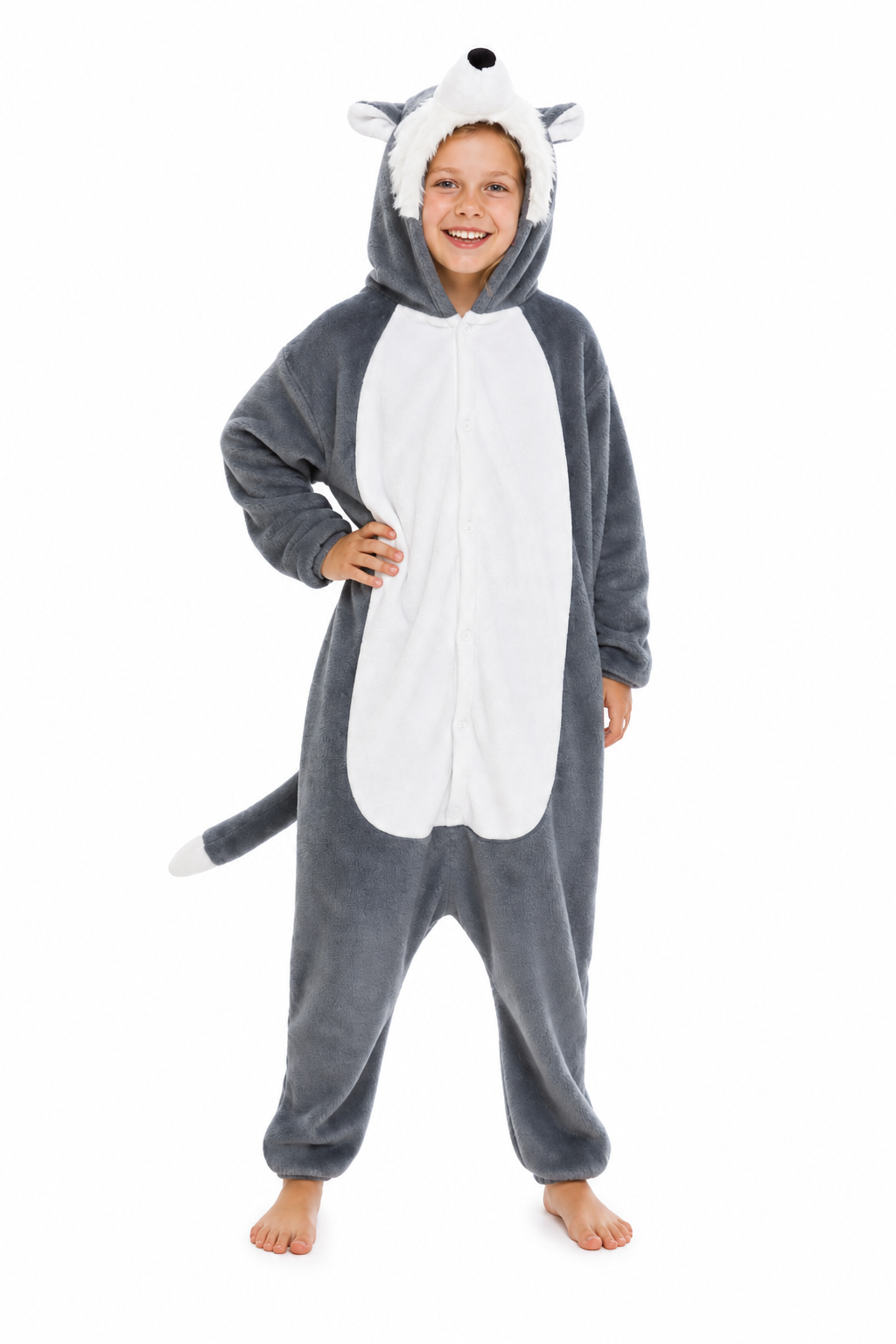Kids' Plush Grey Wolf Kigurumi