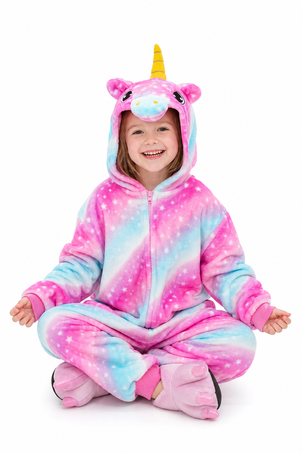 Kids' Hooded Pink and Blue Galaxy Star Unicorn Plush Kigurumi Onesie