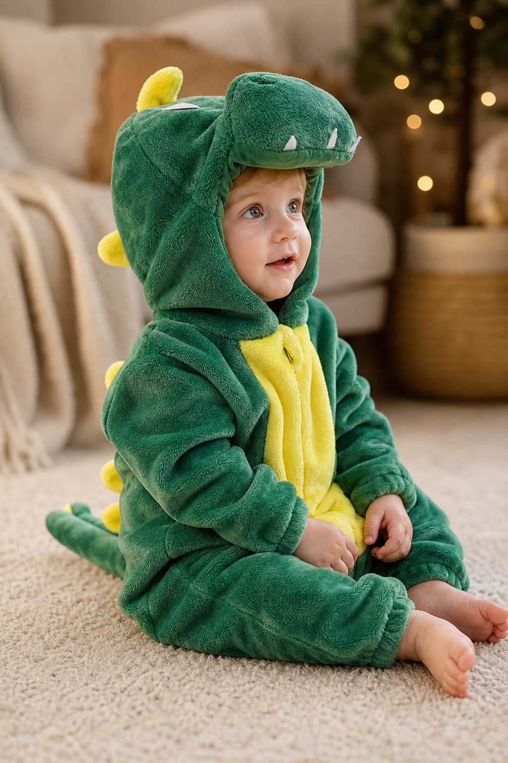Baby Green Dinosaur Plush Hooded Onesie