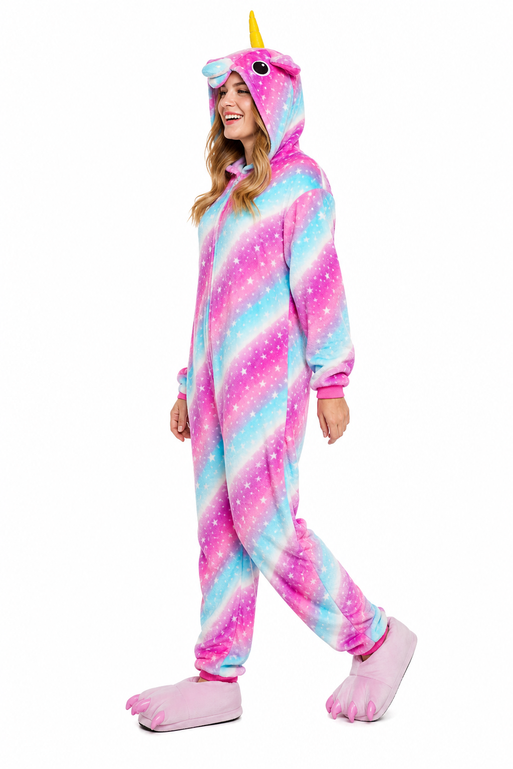 Adult Hooded Pink & Turquoise Starry Stripe Unicorn Kigurumi Onesie