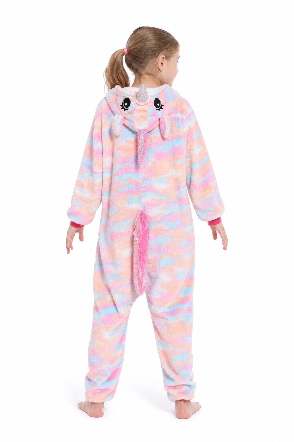Kids' Hooded Pastel Pink and Blue Tie-Dye Unicorn Plush Kigurumi Onesie