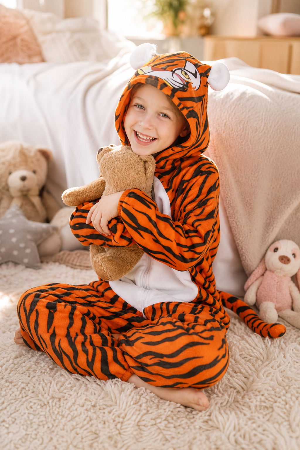 Kids' Hooded Orange and Black Striped Tiger Kigurumi Onesie