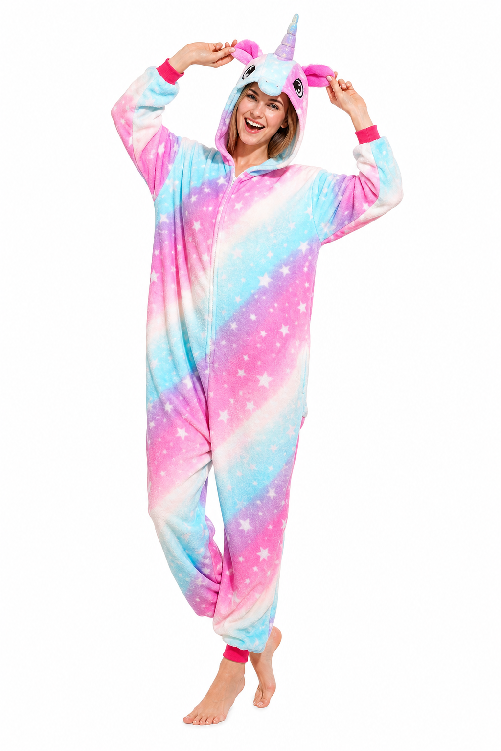 Adult Hooded Pastel Rainbow Star Stripe Unicorn Kigurumi Onesie