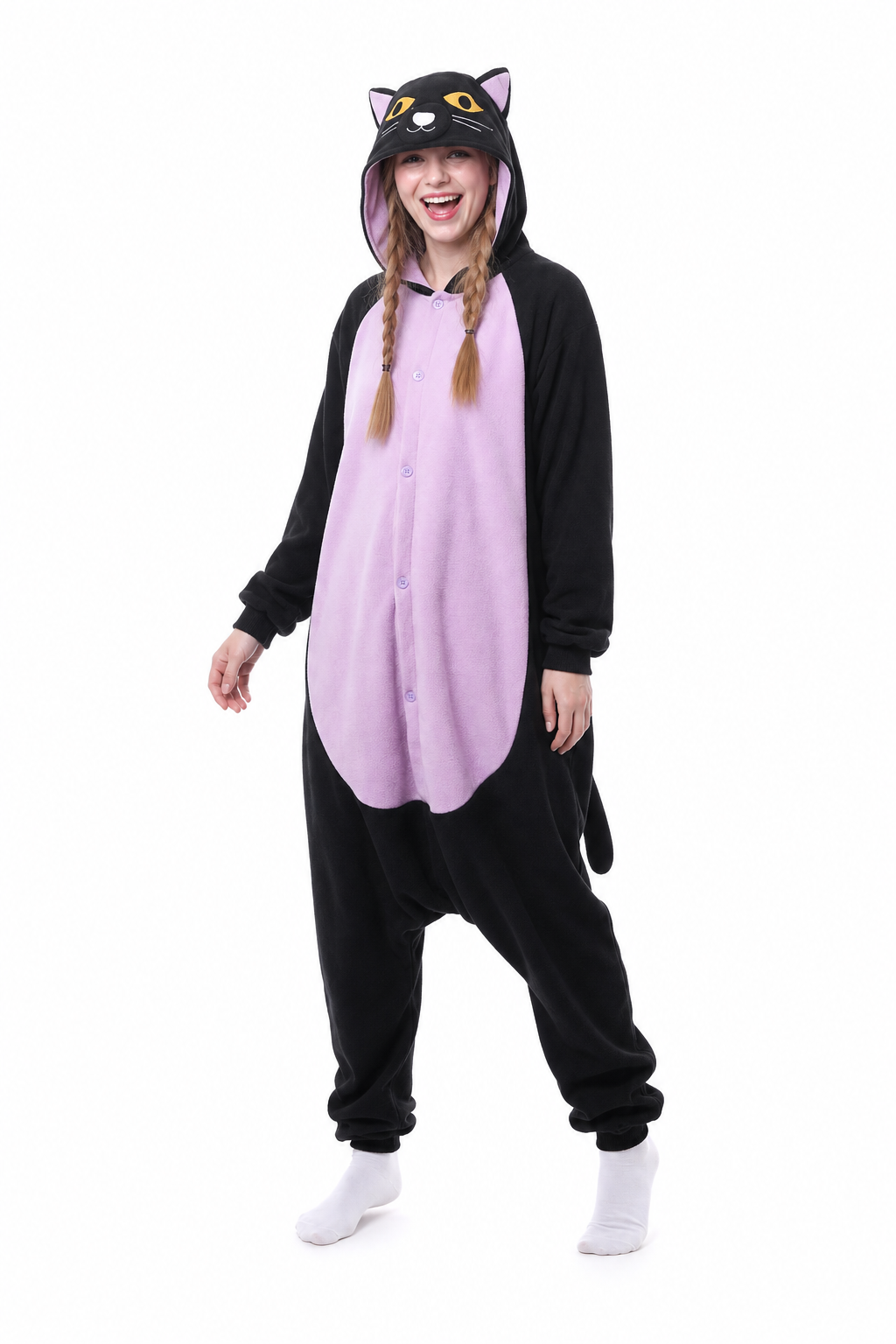 Adult Hooded Black Cat Onesie with Lavender Belly