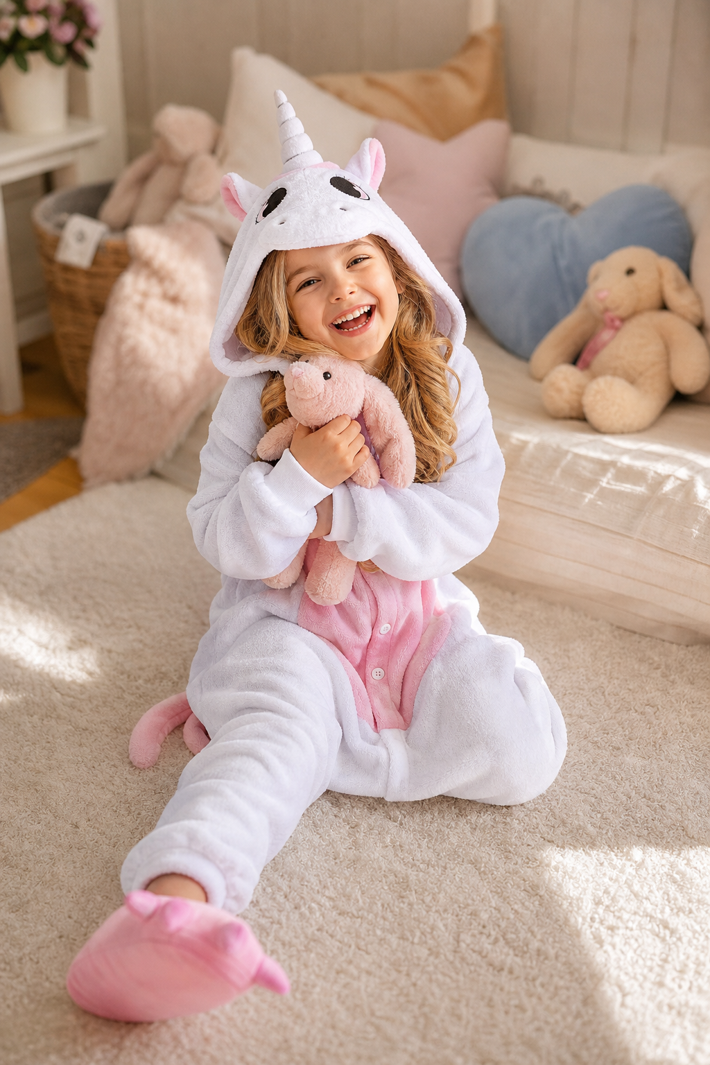 Kids' Hooded White and Pastel Pink Unicorn Kigurumi Onesie