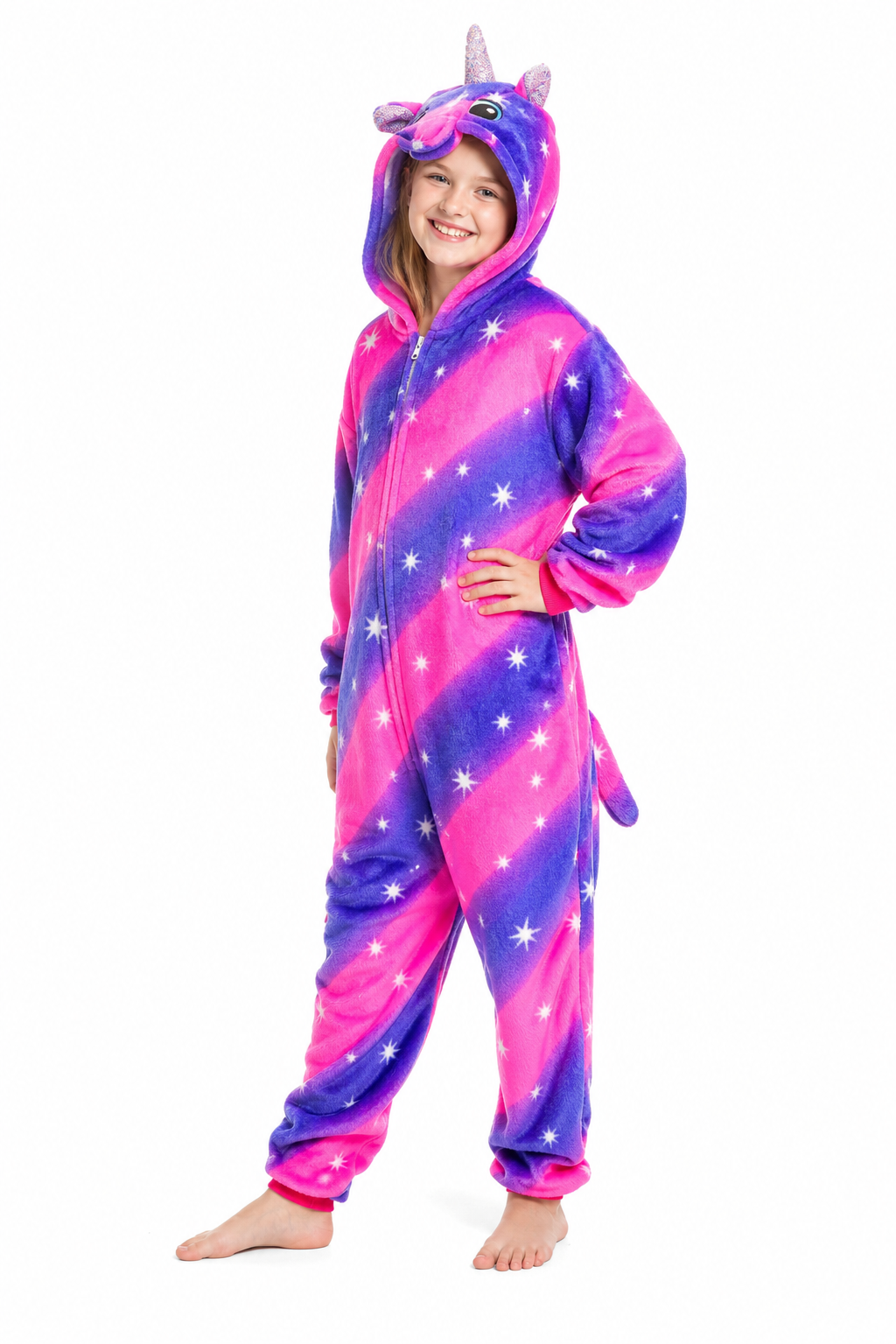 Kids' Hooded Pink and Violet Sparkle Star Unicorn Kigurumi Costume Onesie
