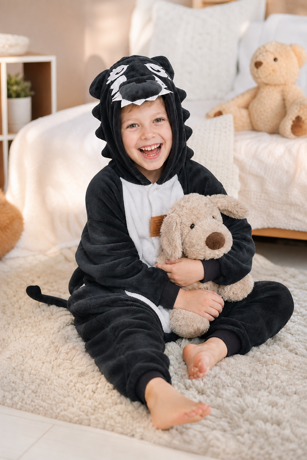 Kids' Hooded Black and White Badger Kigurumi Pajama Onesie
