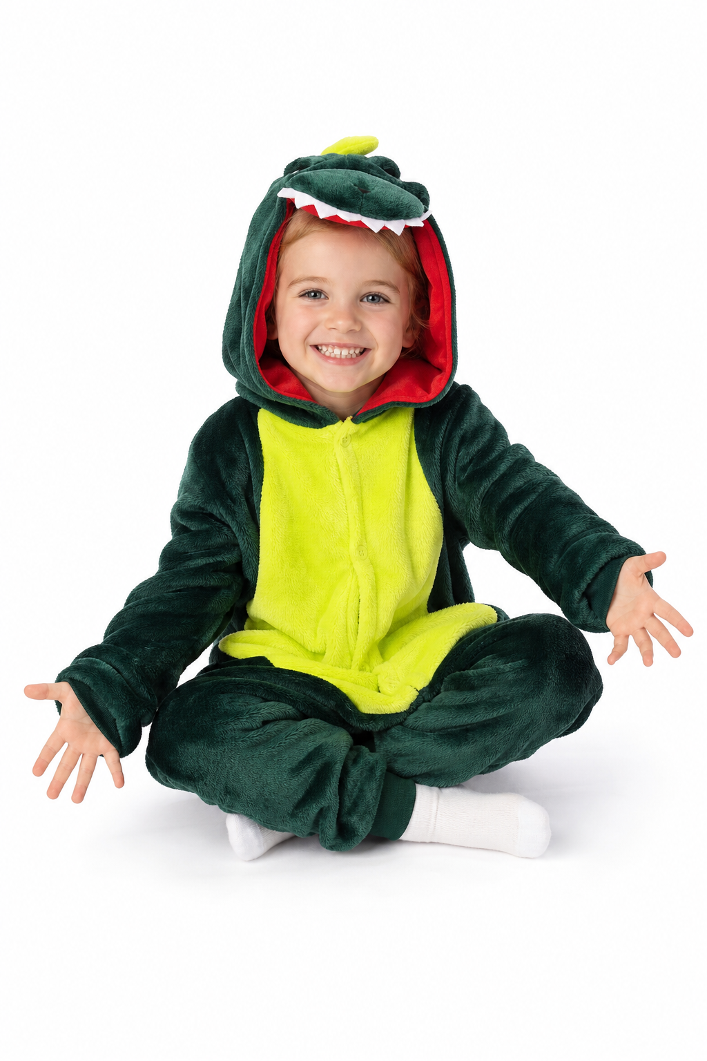 Kids' Hooded Dark Green & Yellow Dinosaur Kigurumi Pajama Onesie