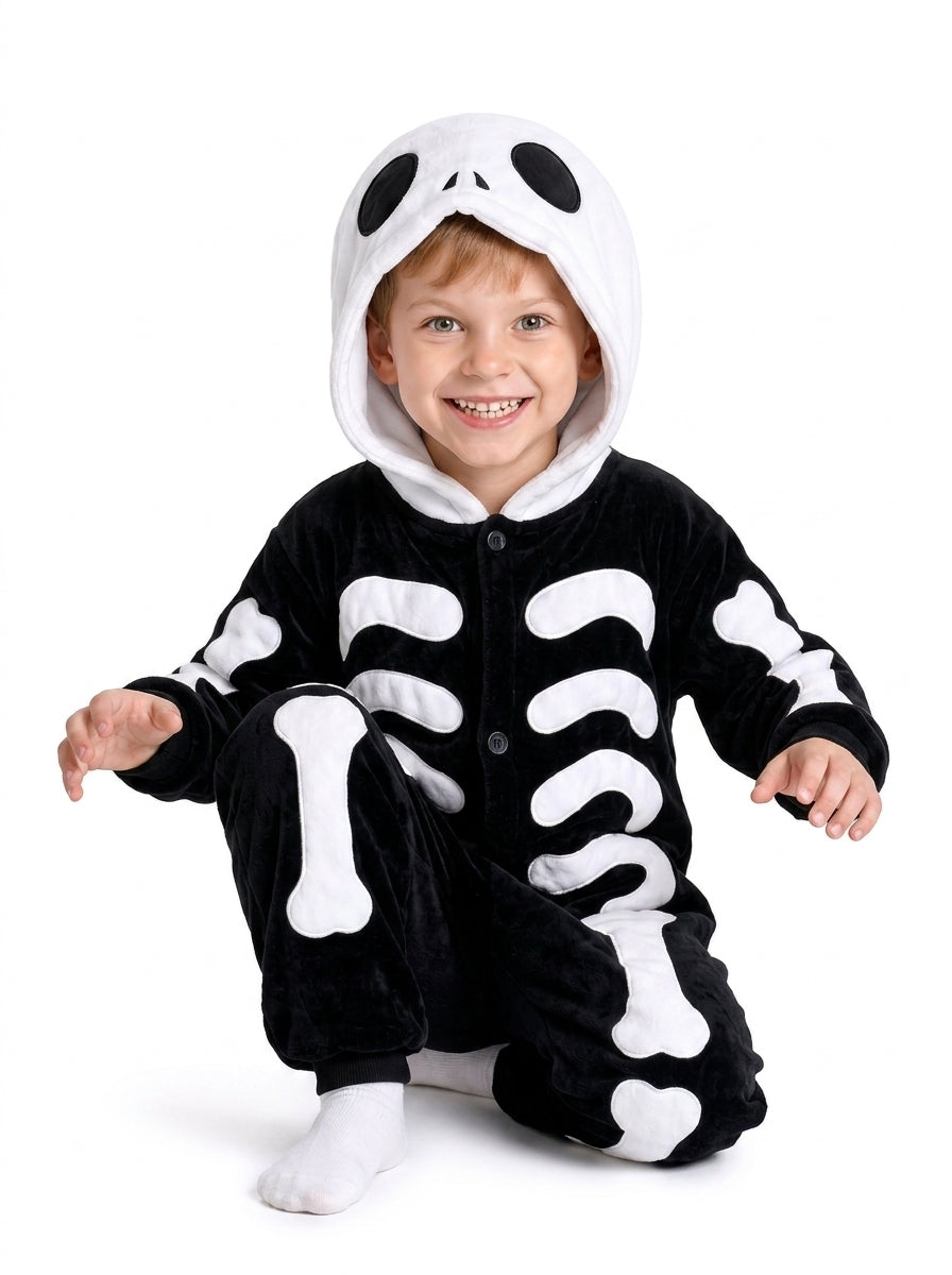 Kids' Hooded Black Skeleton Kigurumi Onesie