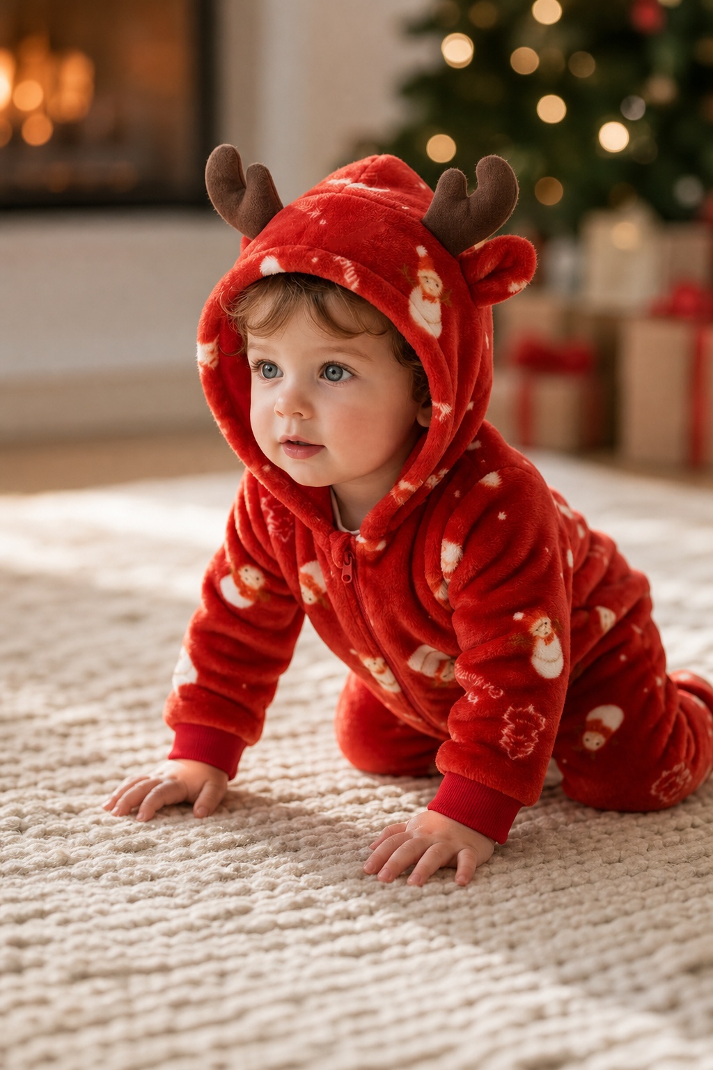 Baby Red Plush Snowman Reindeer Hooded Onesie