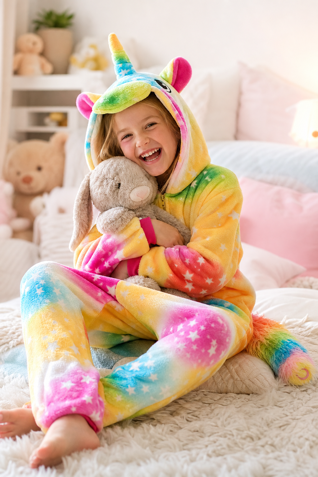 Kids' Hooded Yellow Rainbow Star Unicorn Kigurumi Costume Onesie