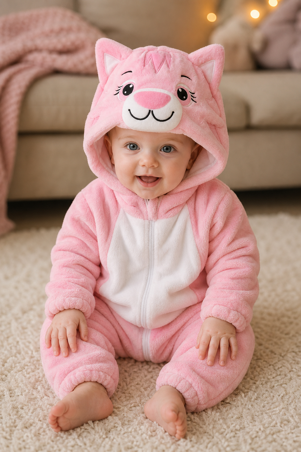 Baby Pink Cat Plush Hooded Kigurumi Onesie