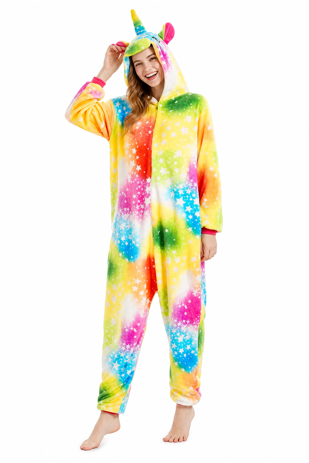Adult Hooded Bright Rainbow Starburst Galaxy Unicorn Kigurumi Onesie