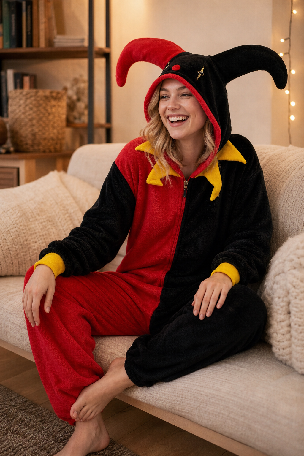 Adult Hooded Red & Black Jester Kigurumi Onesie