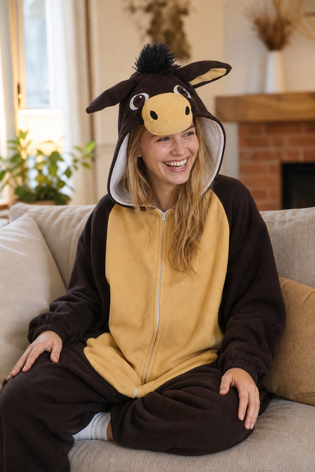 Adult Plush Brown Donkey Onesie Costume