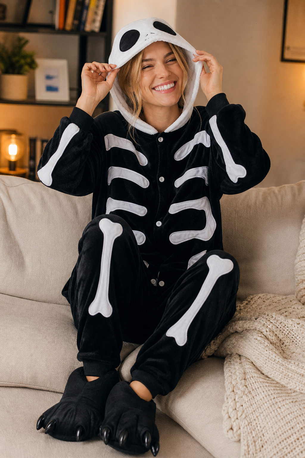 Adult Hooded Black & White Skeleton Kigurumi Onesie