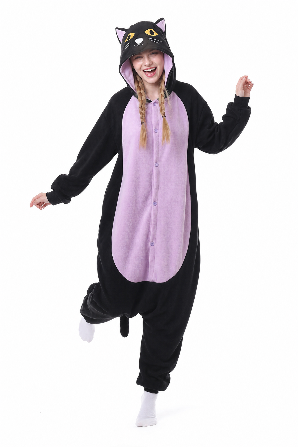 Adult Hooded Black Cat Onesie with Lavender Belly