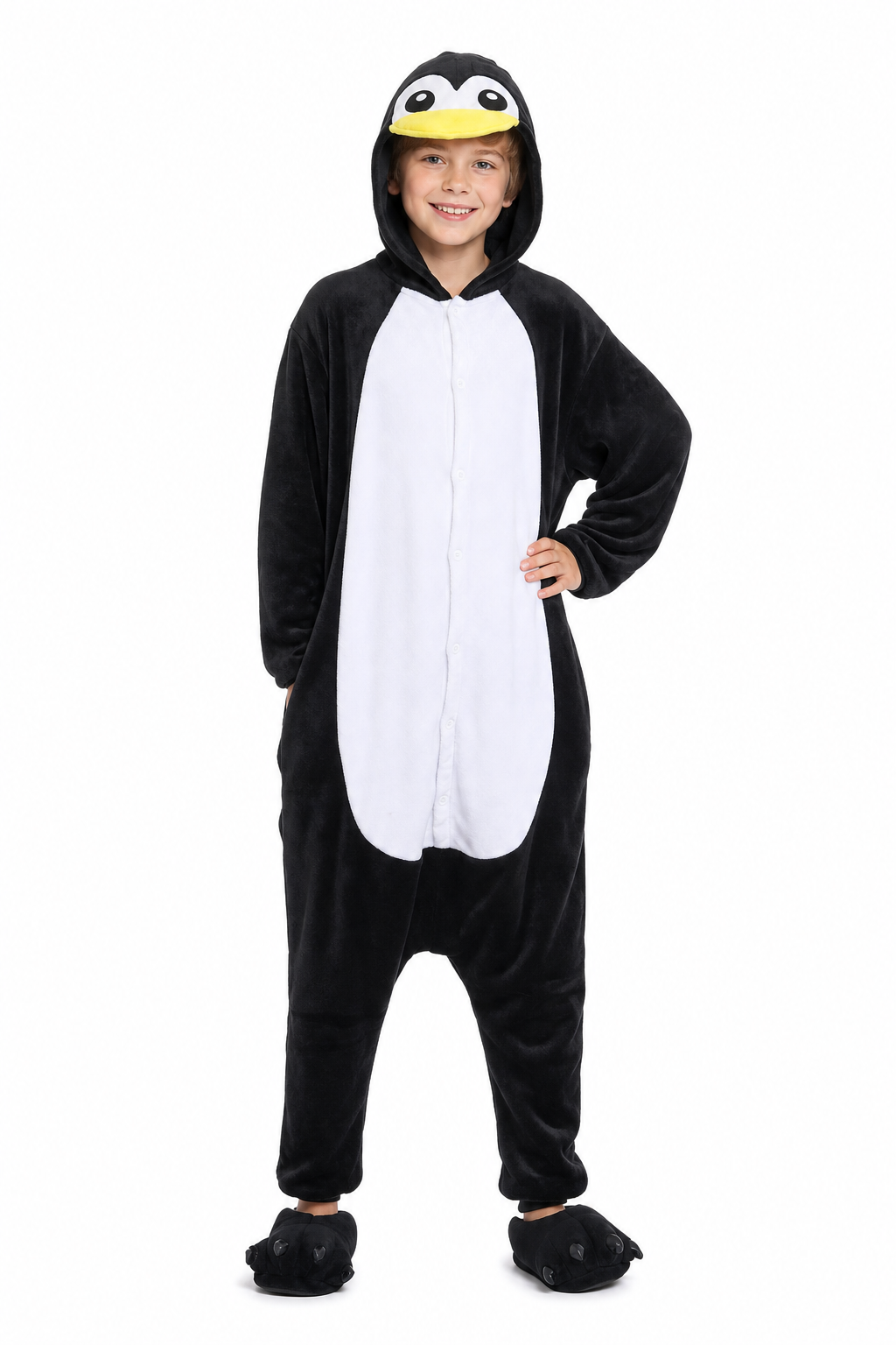 Kids' Hooded Black and White Penguin Plush Kigurumi Onesie