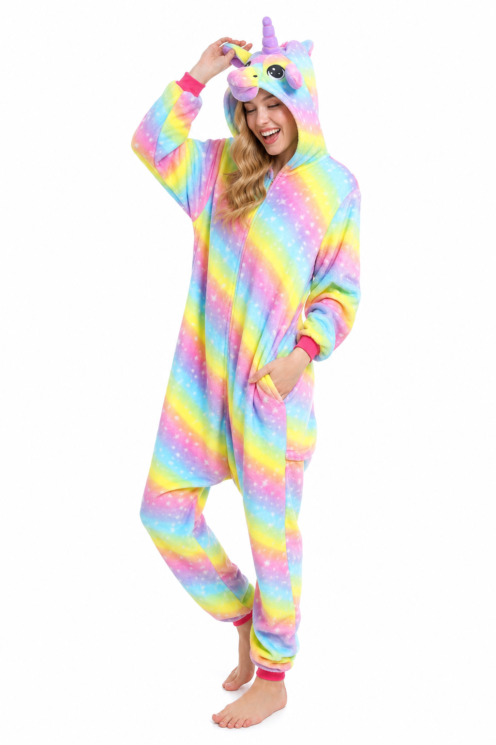 Adult Hooded Multicolor Rainbow Star Unicorn Kigurumi Onesie