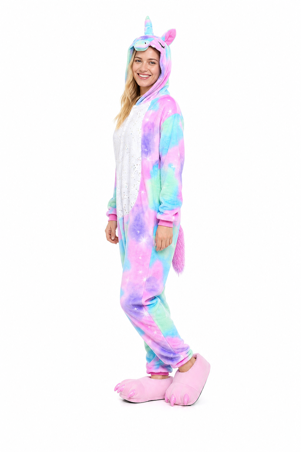 Adult Hooded Pastel Rainbow Unicorn Kigurumi Onesie with Glitter Star Belly