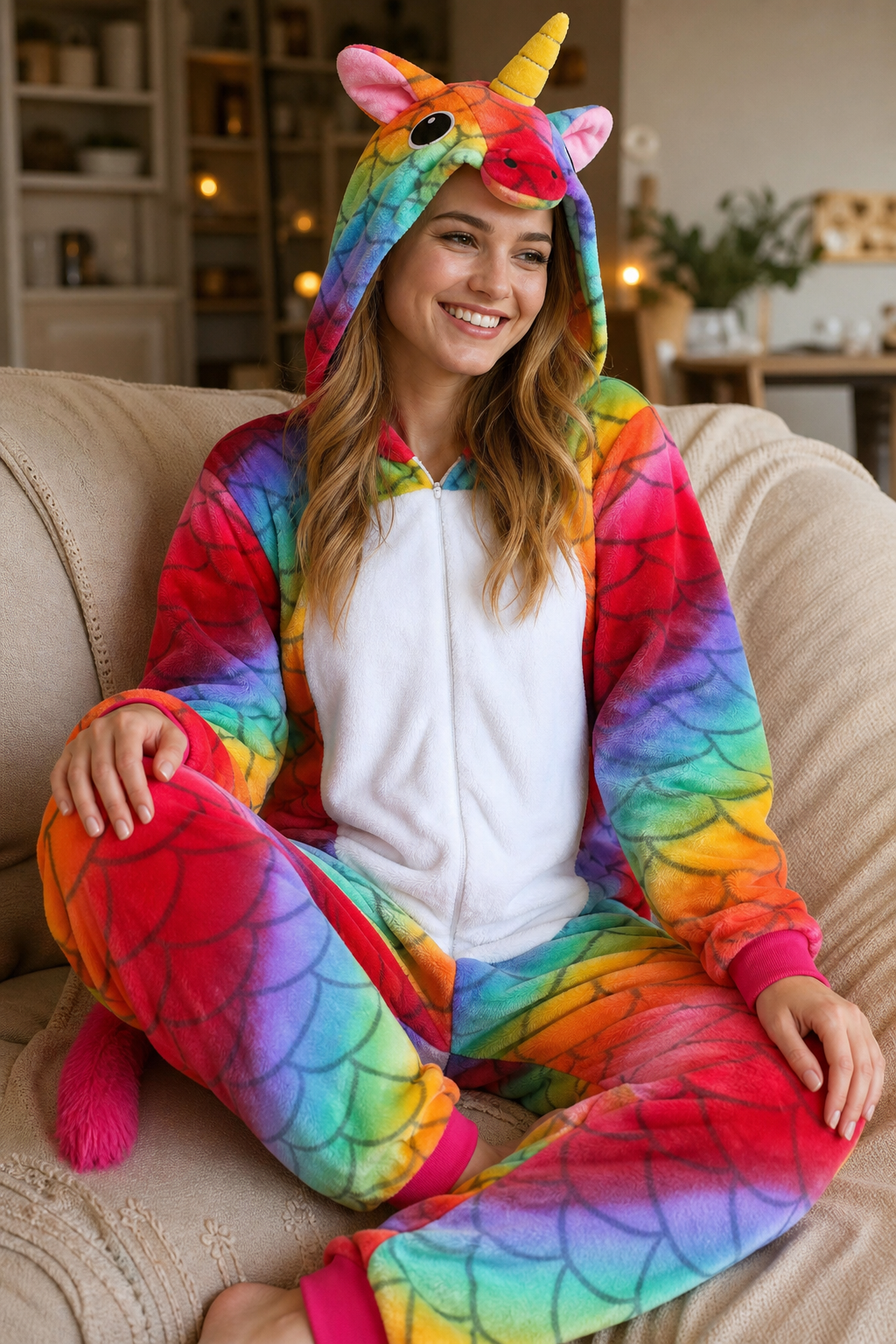 Adult Hooded Rainbow Scale Unicorn Kigurumi Onesie