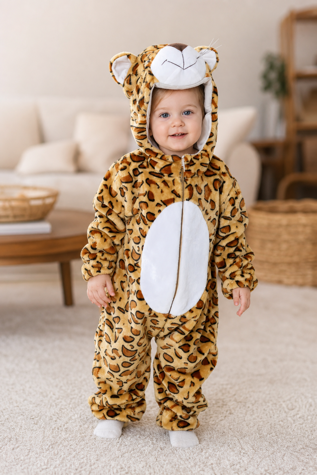 Baby Plush Leopard Animal Onesie with Hood