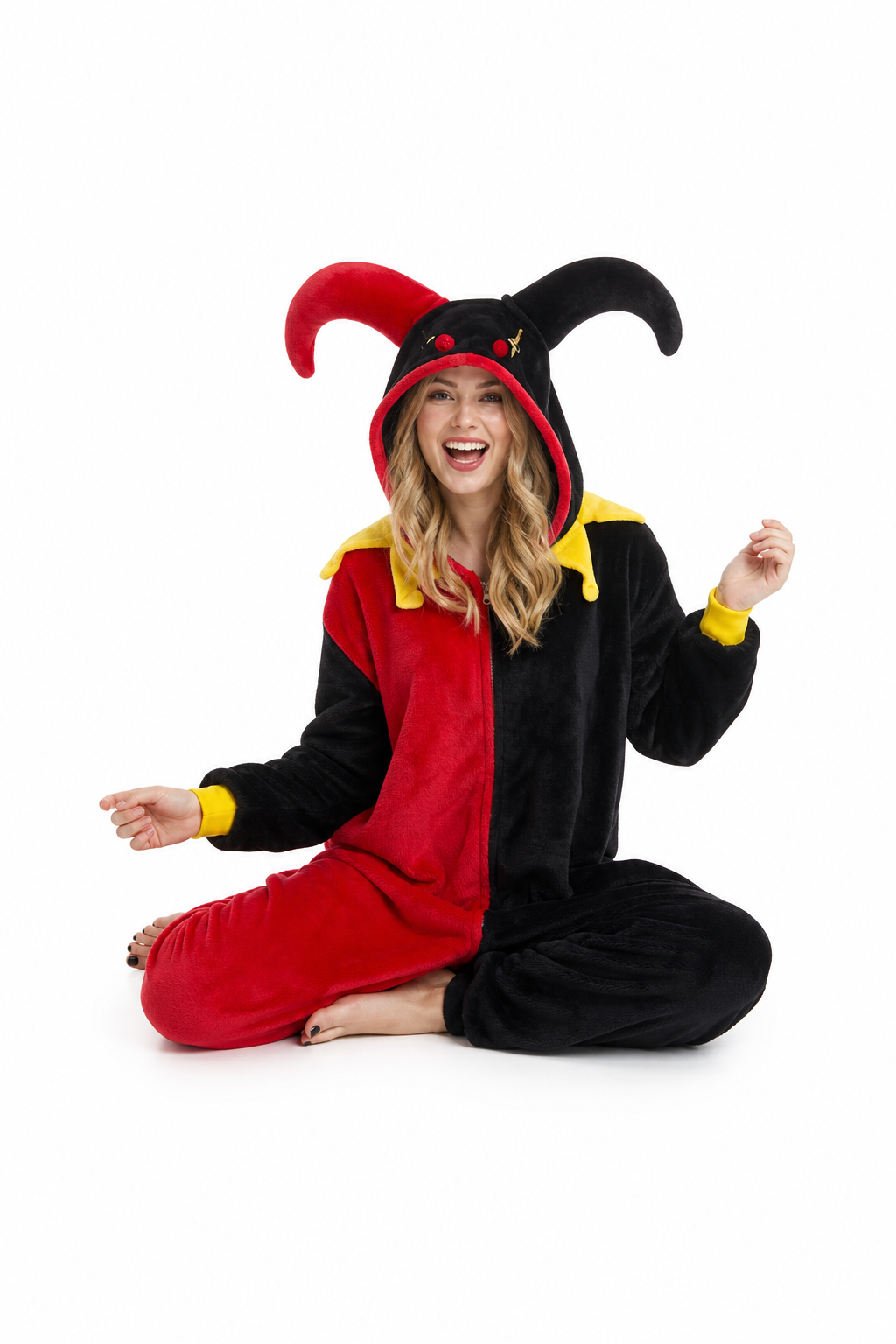 Adult Hooded Red & Black Jester Kigurumi Onesie