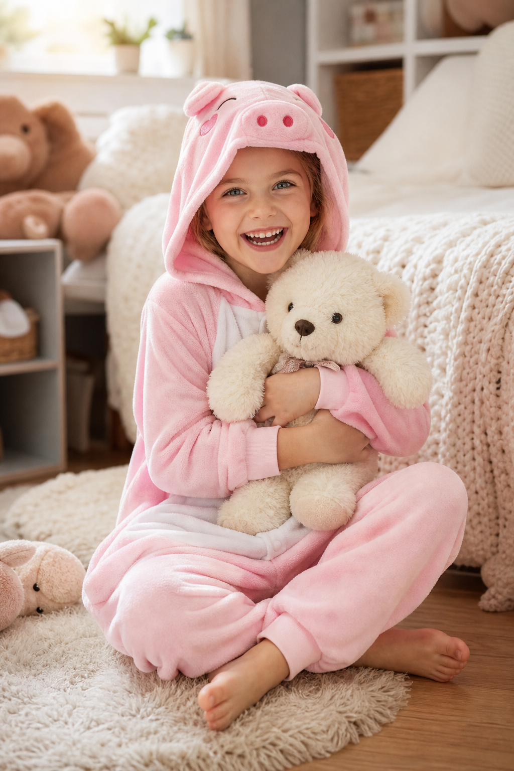 Kids' Hooded Rosy Pink Pig Kigurumi Onesie
