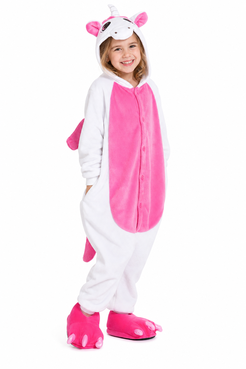 Kids' Hooded White and Hot Pink Unicorn Plush Kigurumi Onesie
