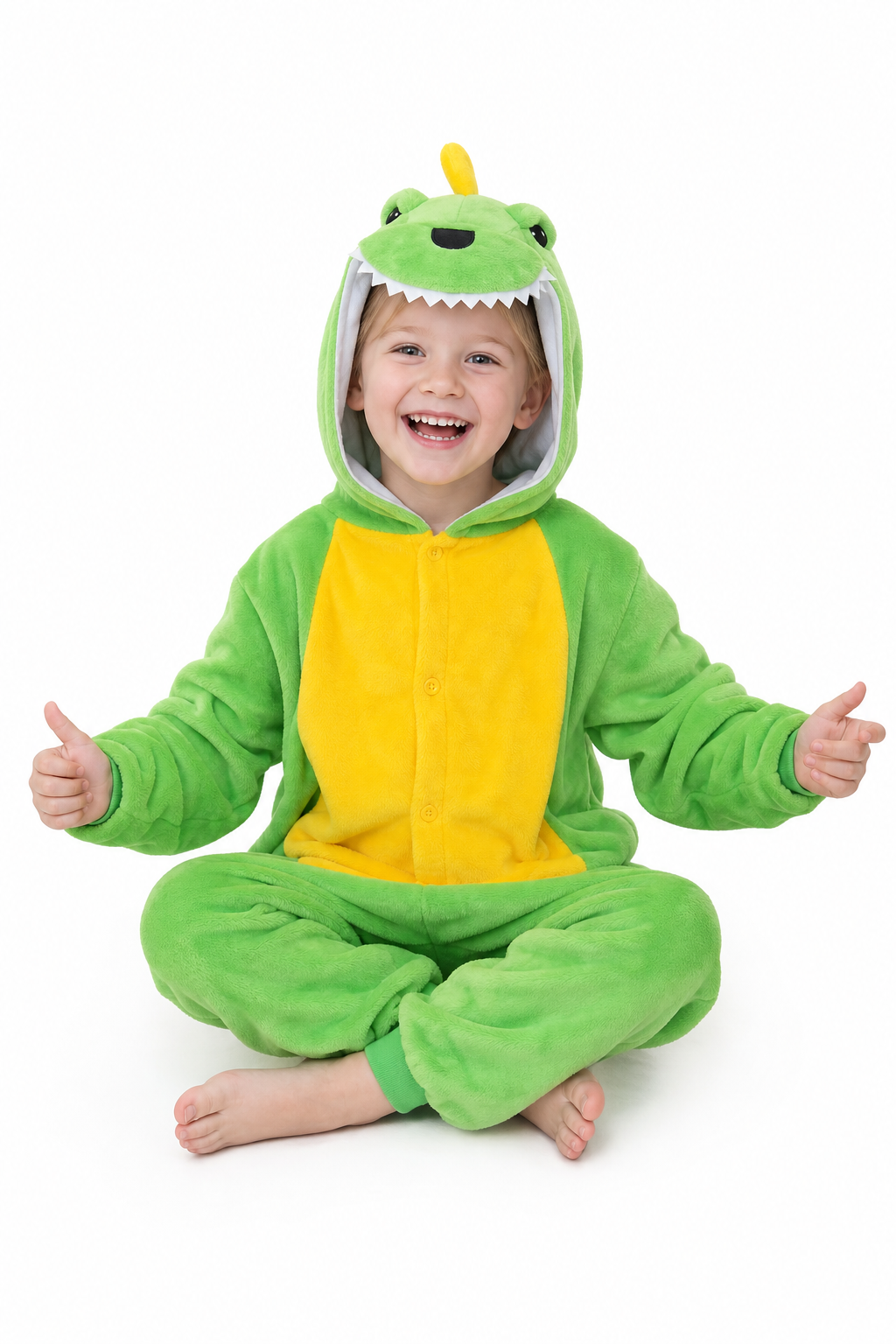 Kids' Hooded Green & Yellow Dinosaur Plush Kigurumi Onesie