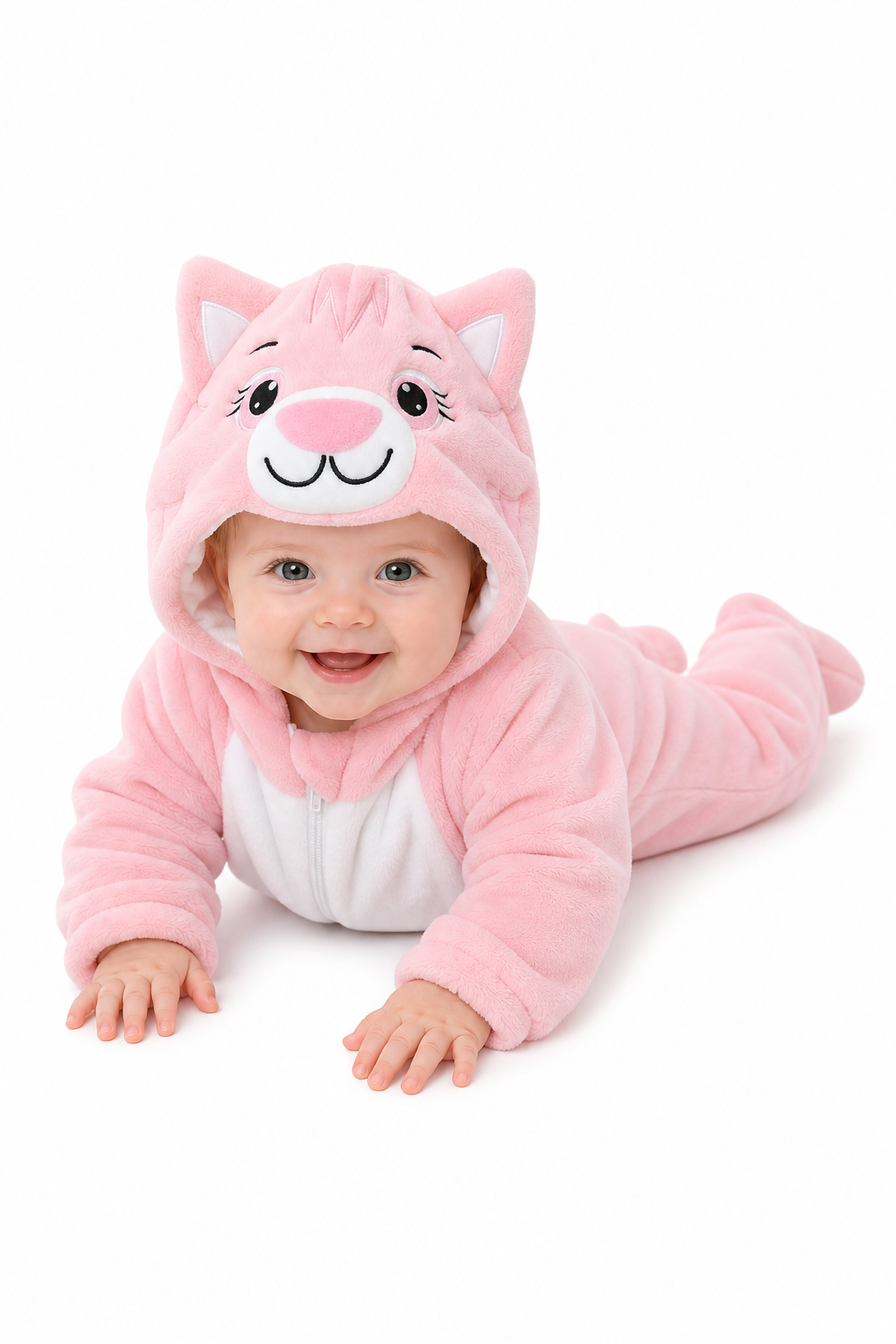Baby Pink Cat Plush Hooded Kigurumi Onesie