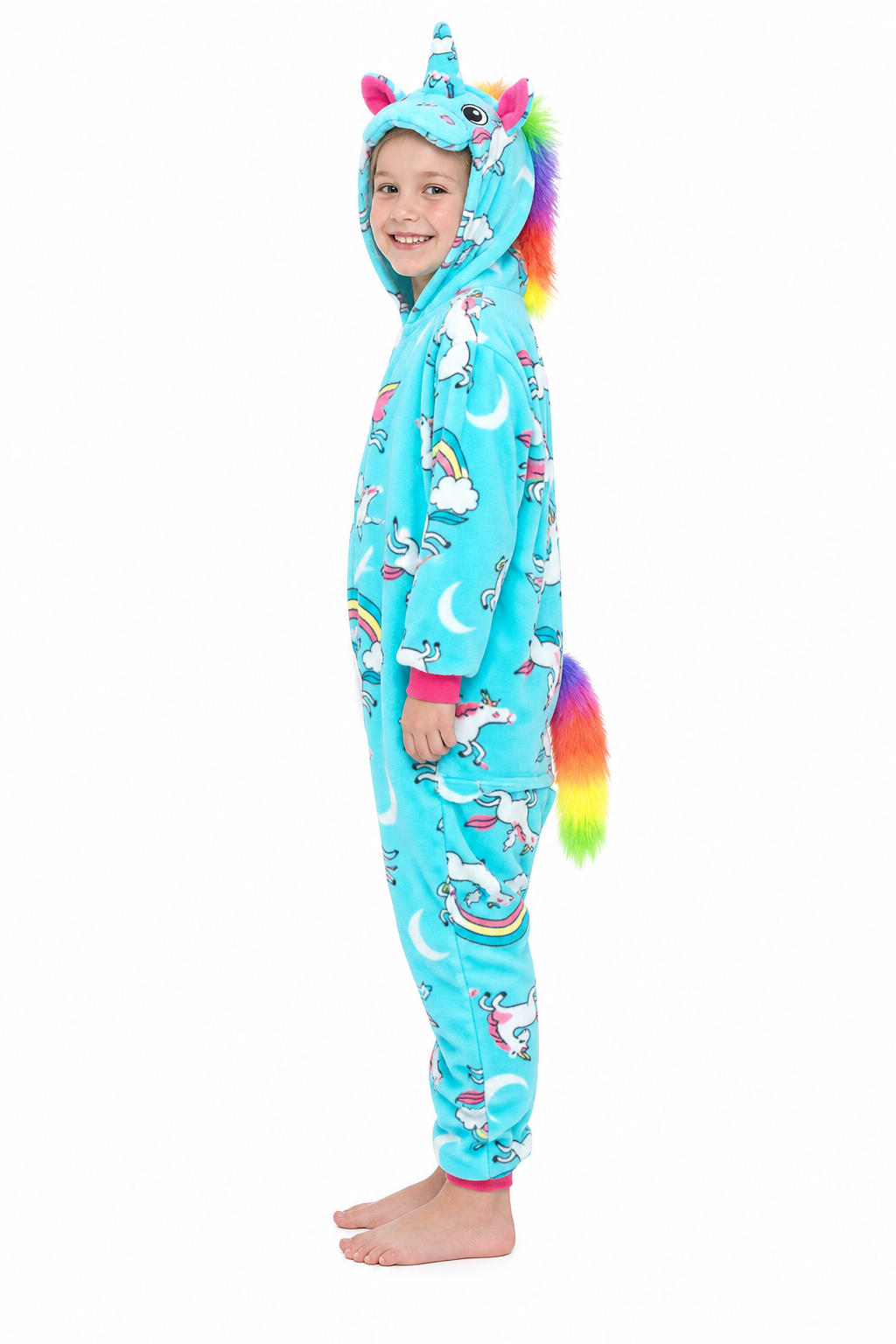 Kids' Hooded Teal Rainbow-Print Unicorn Kigurumi Onesie