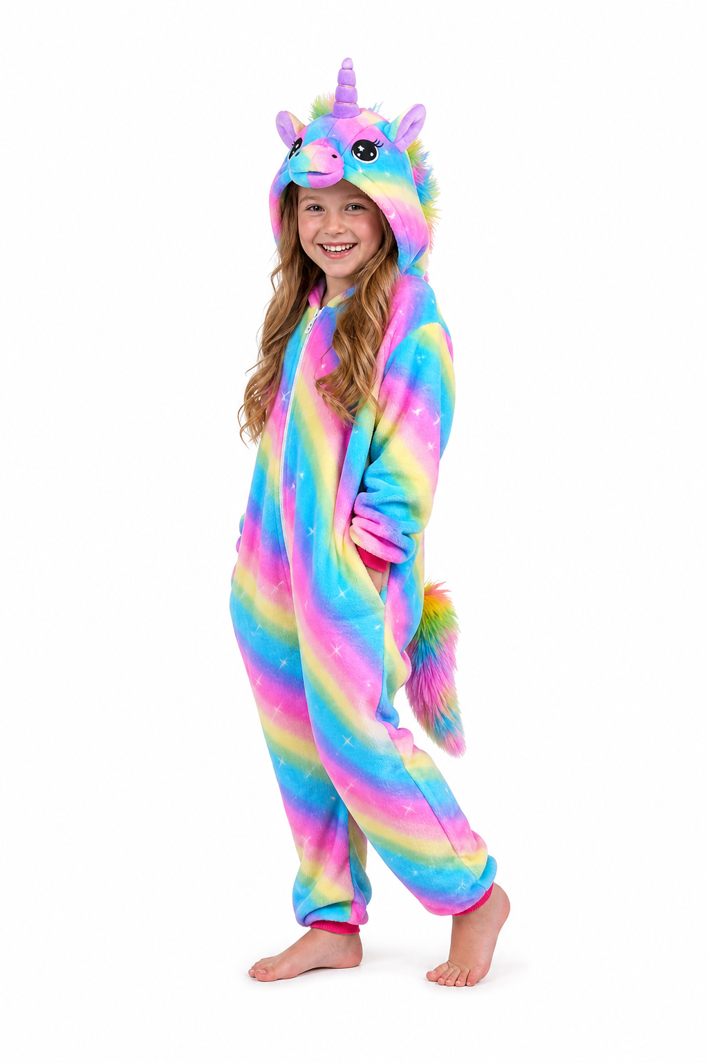 Kids' Hooded Bright Rainbow Stripe Unicorn Kigurumi Pajama Onesie