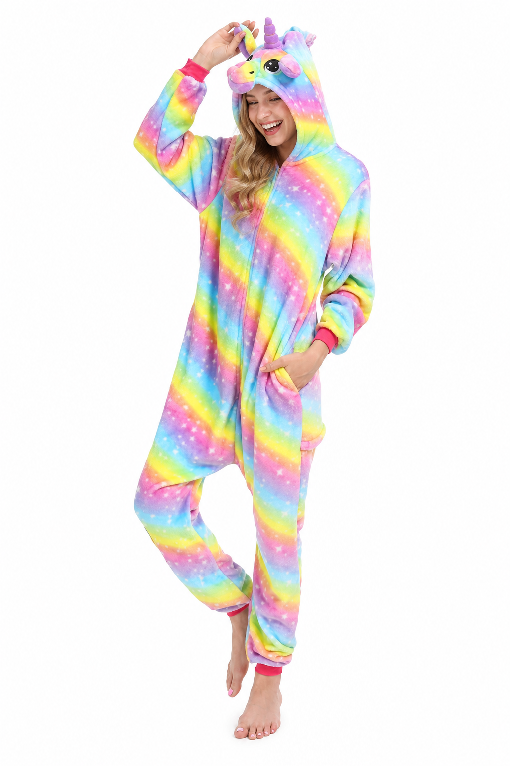 Adult Hooded Bright Rainbow Stripe Unicorn Kigurumi Onesie