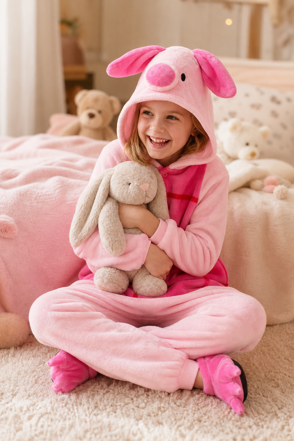 Kids' Hooded Pink Striped Pig Plush Kigurumi Onesie