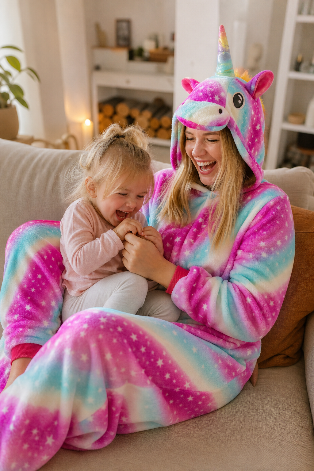 Adult Hooded Pink & Blue Star Unicorn Kigurumi Onesie with Rainbow Tail