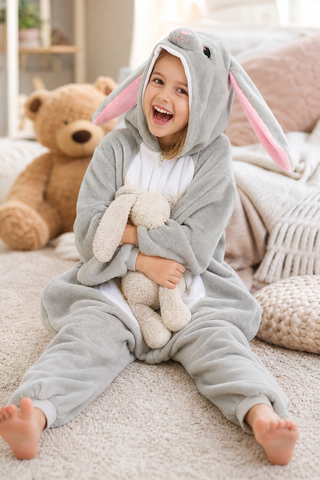 Kids' Hooded Gray Bunny Kigurumi Onesie