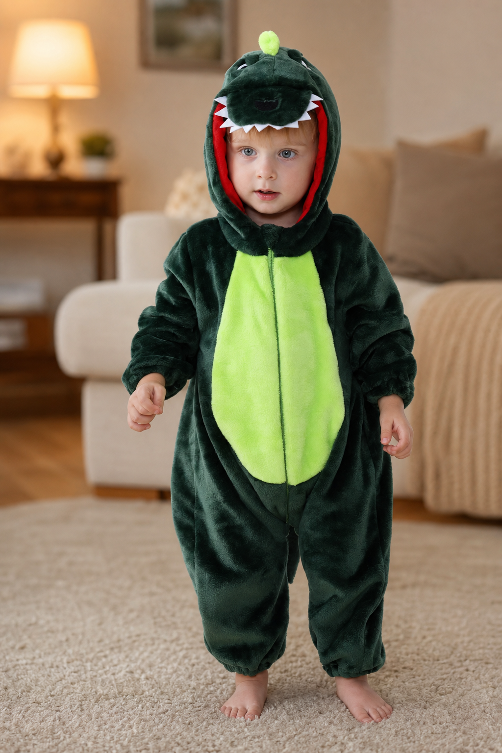 Plush Dark Green Baby Dino Onesie with Green Belly