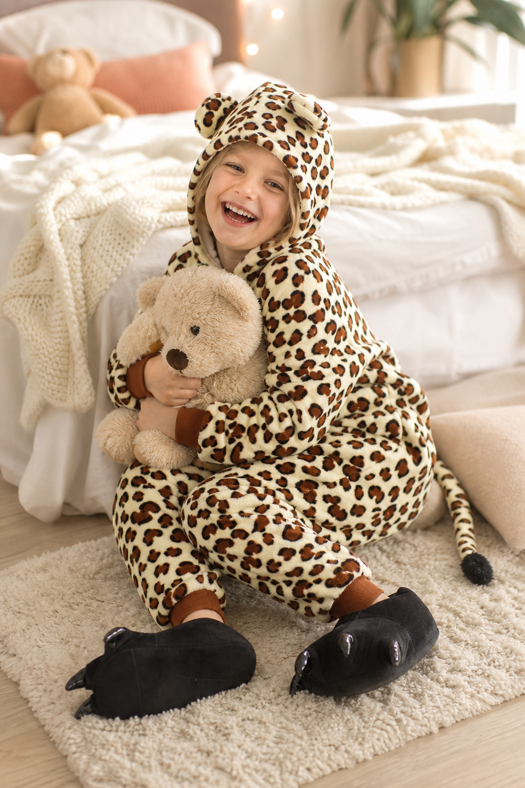 Kids' Hooded Tan Leopard Print Plush Kigurumi Onesie