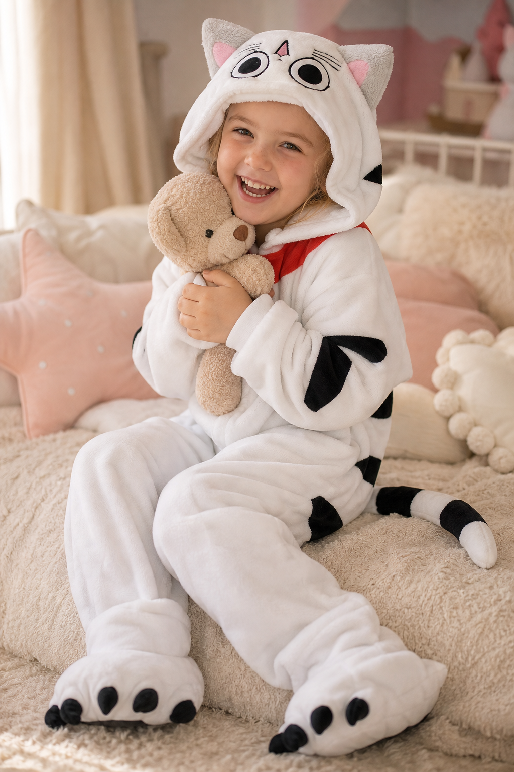 Kids' Hooded White Spotted Cat Kigurumi Costume Onesie