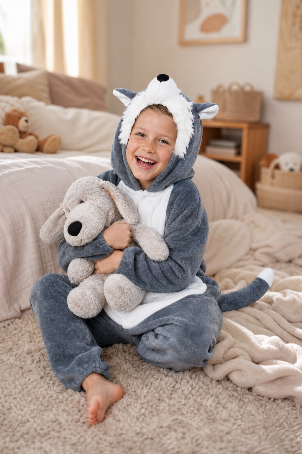 Kids' Plush Grey Wolf Kigurumi