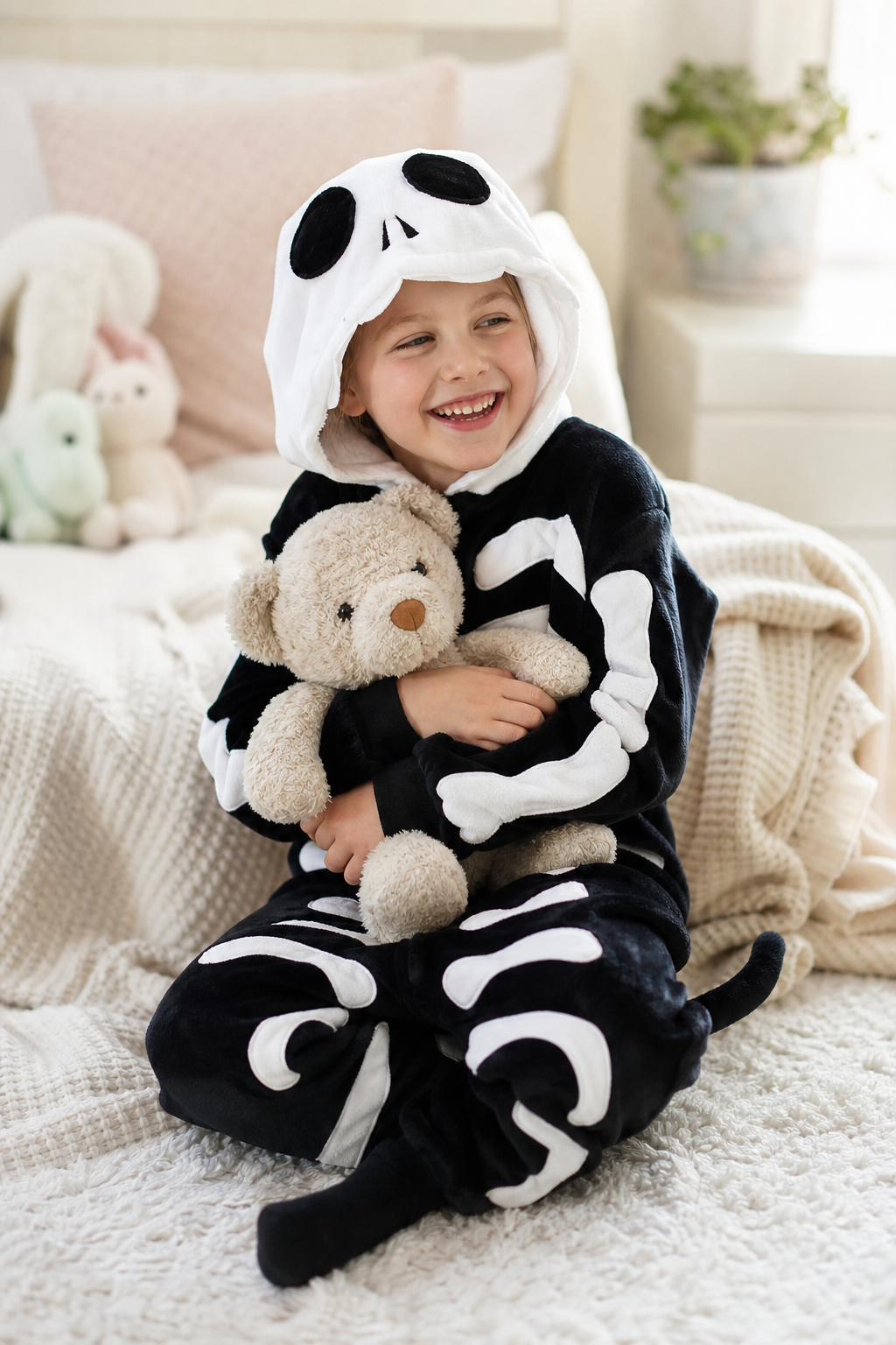 Kids' Hooded Black Skeleton Kigurumi Onesie