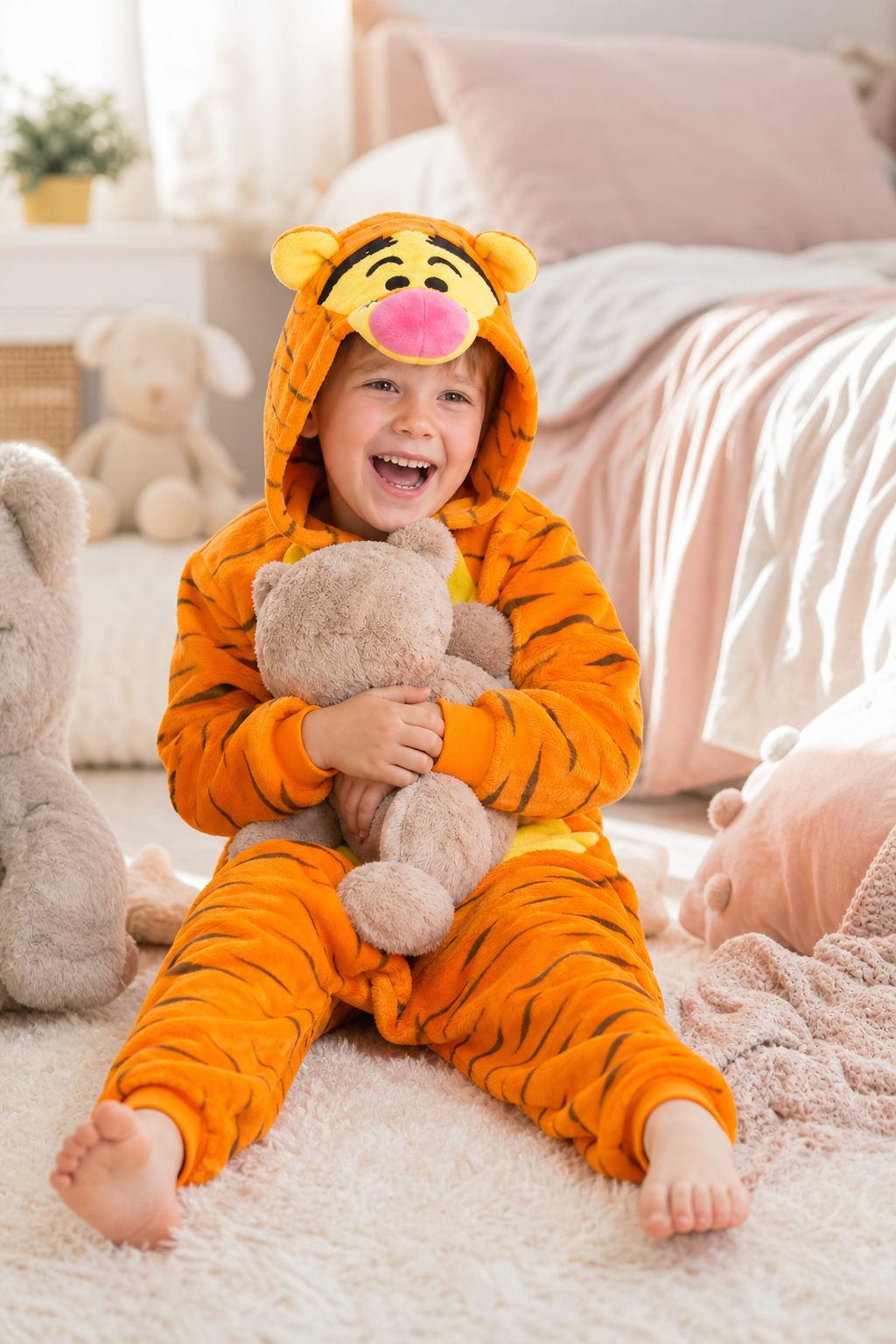 Kids' Hooded Yellow-Bellied Orange Tiger Kigurumi Costume Onesie