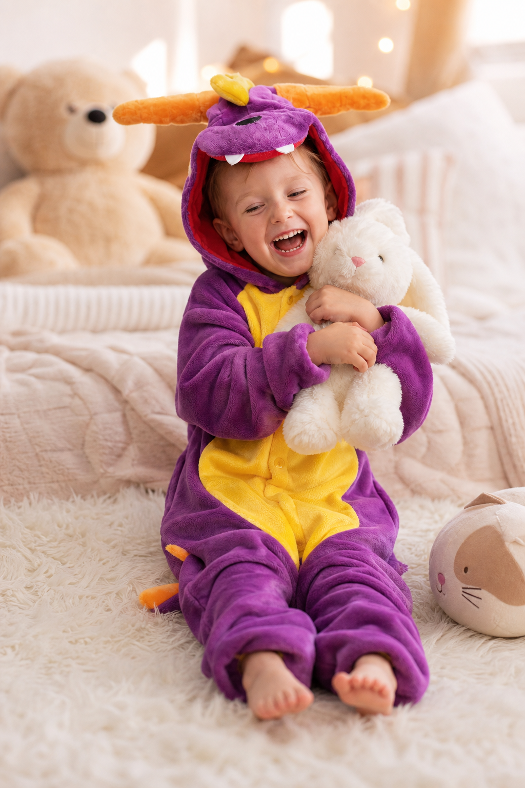 Kids' Hooded Purple Dragon Plush Kigurumi Onesie