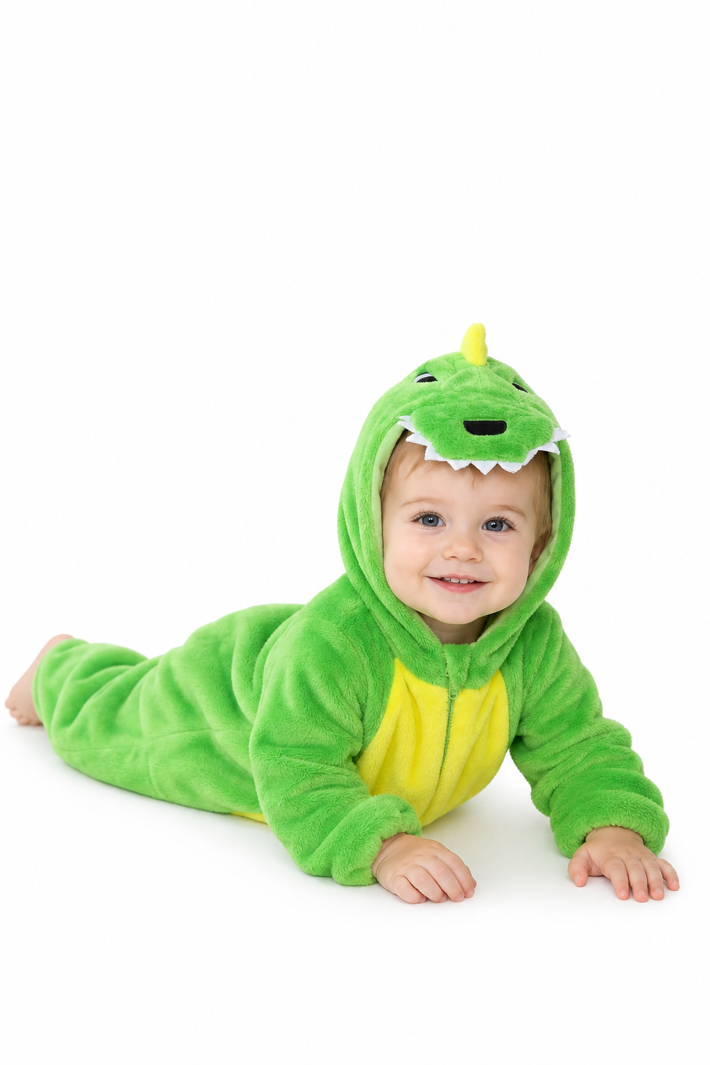 Green Baby Plush Dinosaur Onesie with Yellow Belly