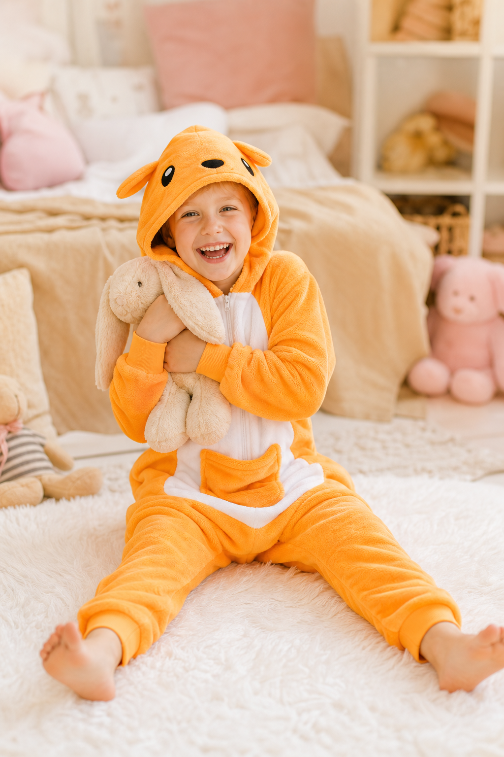 Kids' Hooded Orange Kangaroo Kigurumi Pajama Onesie